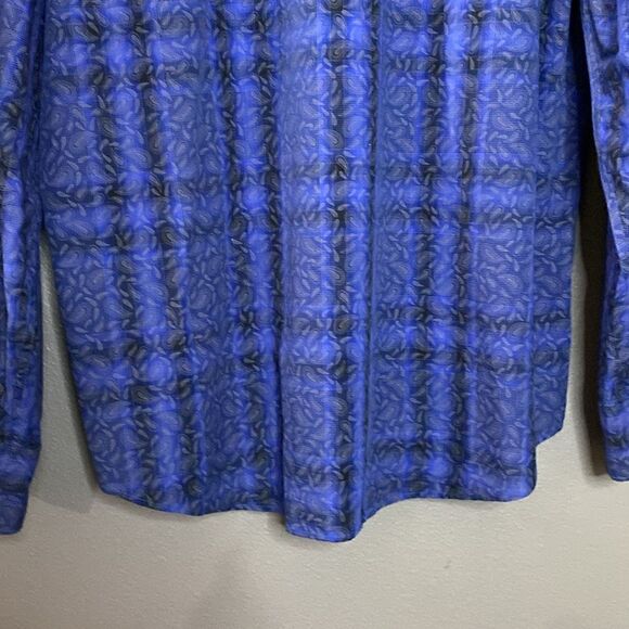 Bugatchi Uomo Dark Blue Medium Blue Plaid Paisley Print Button Down Dress Shirt - Picture 10 of 15